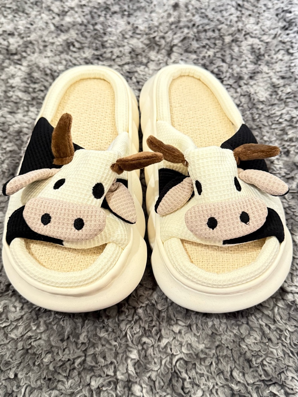 Kids Cow Plush Slide Sandals in Cream and Black